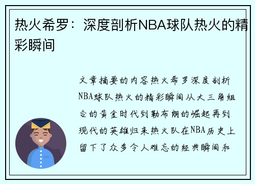 热火希罗：深度剖析NBA球队热火的精彩瞬间